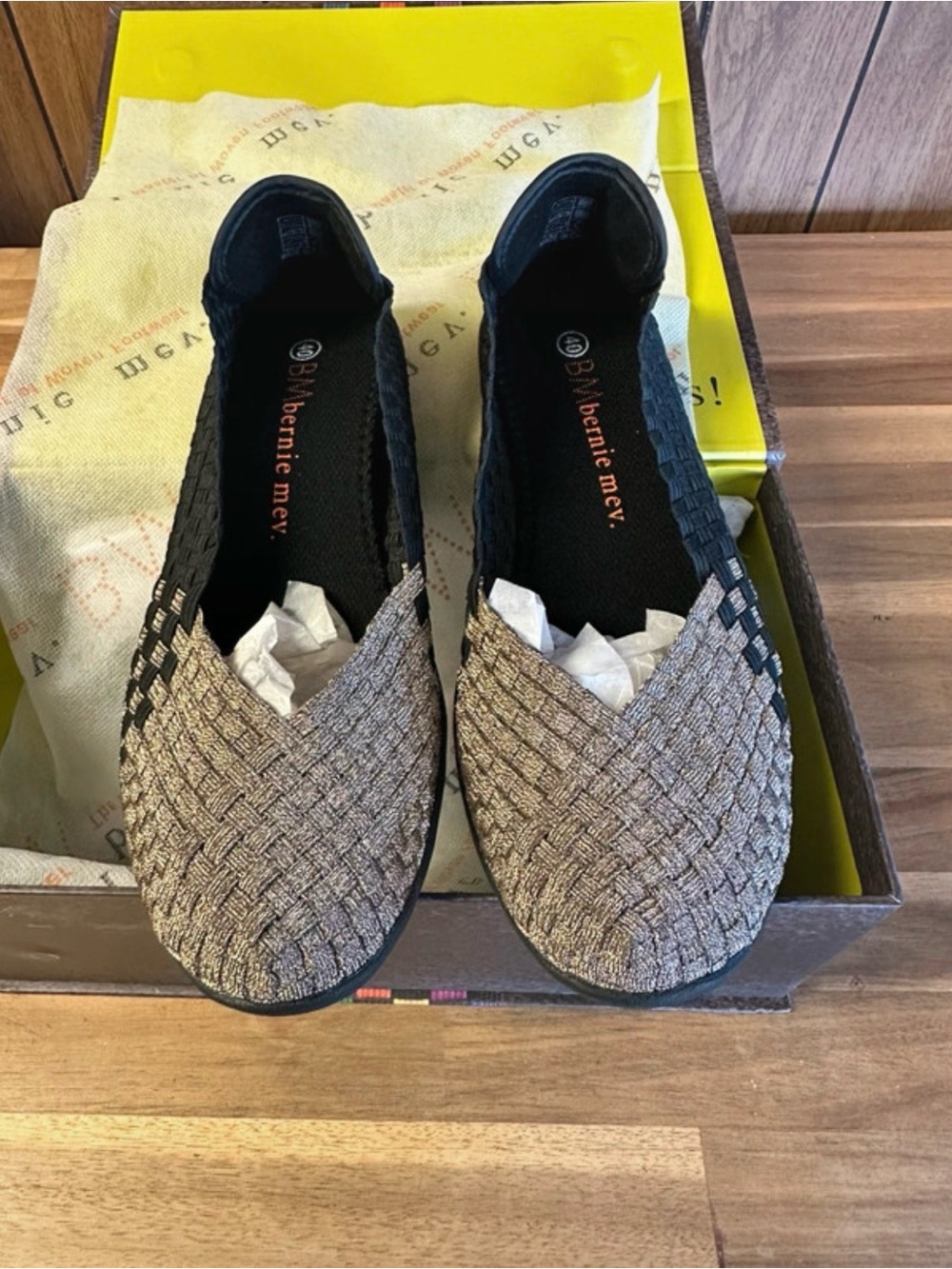 bernie mev. Taupe Woven Slip-On Flats with Black Trim